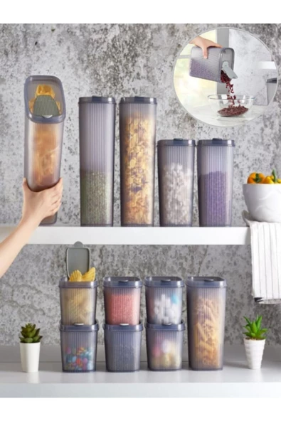 9'lu Set 3 Adet 1300 ml 3 Adet 2,5 Lt 3 Adet 4 Lt Pratik Kapak Erzak Bakliyat Saklama Kabı