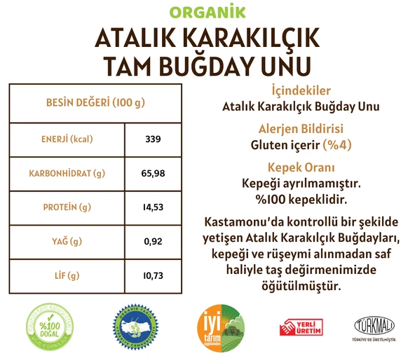 Taş Değirmenden Organik Organik Atalık Karakılçık Tam Buğday Unu - 1 Kilo - Resim 3