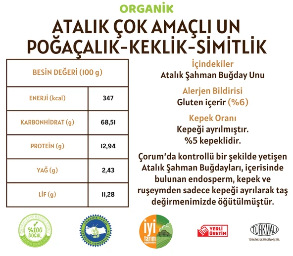 Taş Değirmenden Organik Organik Atalık Çok Amaçlı Un - Poğaçalık-Keklik-Simitlik - 1 Kilo - Resim 3