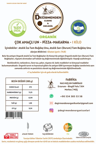 Organik Atalık Çok Amaçlı Un - Pizza/Makarna - 1 Kilo - 2