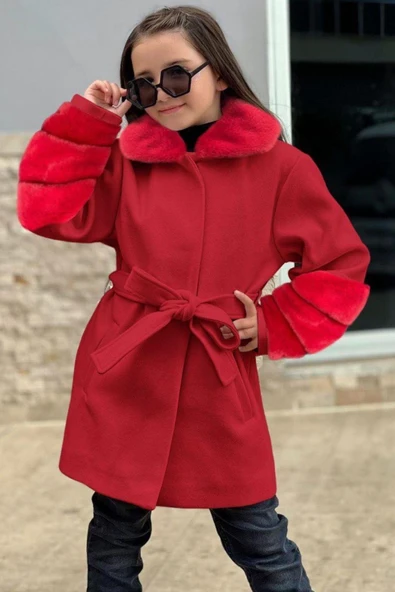 Kız Çocuk Yakası ve Kol Uçları Peluş, Gizli Düğme Detaylı Kırmızı Kaşe Kaban - 4
