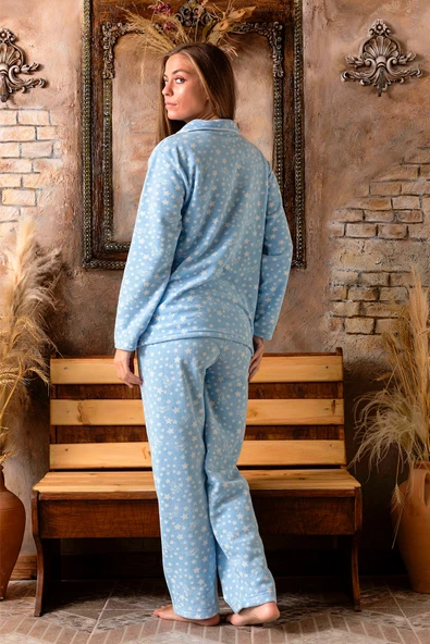 Kışlık Yılbaşı Desenli Kadın Gömlek Polar Pijama Takımı- Geyikli Yılbaşı Pijaması - 11