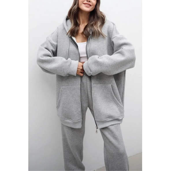 Şardonlu Fermuarlı Oversize Sweatshirt