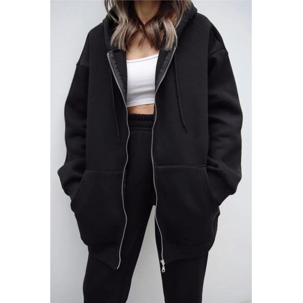 Şardonlu Fermuarlı Oversize Sweatshirt - 4