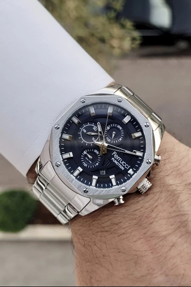 Ferrucci FCISTE198 Kadranı Lacivert Kordonu Gümüş Renk İç Göstergeleri Aktif Fonksiyonlu Erkek Kol Saati - Resim 2