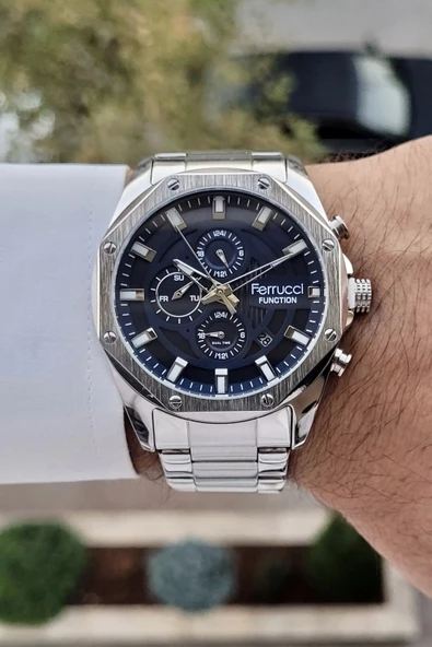 Ferrucci FCISTE198 Kadranı Lacivert Kordonu Gümüş Renk İç Göstergeleri Aktif Fonksiyonlu Erkek Kol Saati - Resim 3
