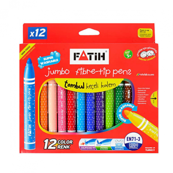 Fatih Keçeli Boya Kalemi Jumbo Yıkanır 12 Renk