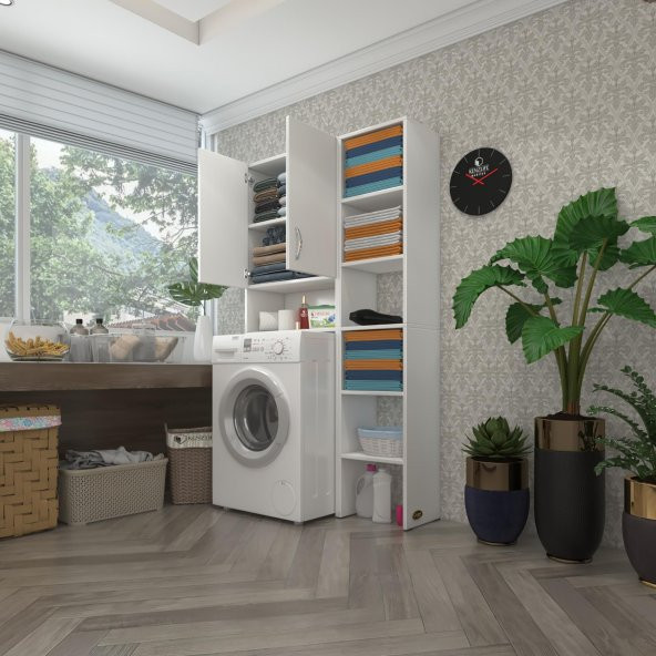 Kenzlife çamaşır makinesi dolabı sinemmaks byz 180x096x30 banyo kapaklı arkalıklı raflı