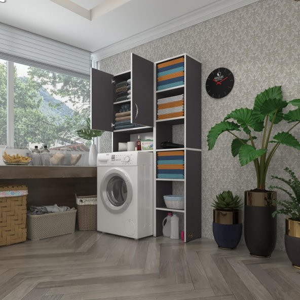 Kenzlife çamaşır makinesi dolabı sinemmaks gri 180*096*30 banyo kapaklı arkalıklı raflı ürün görseli 1
