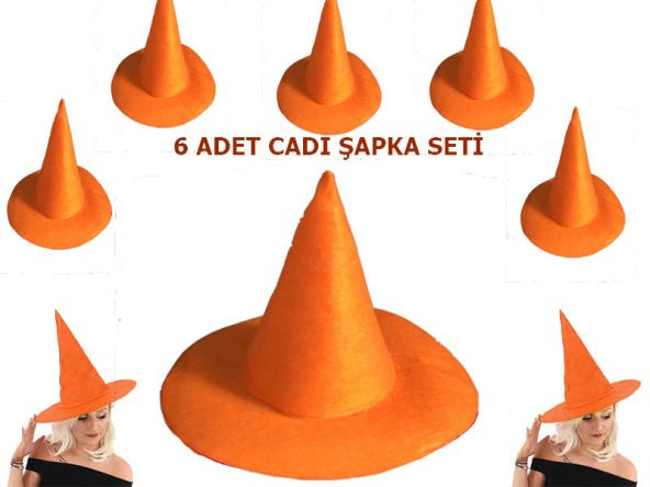Turuncu Renk Keçe Cadı Şapkası Yetişkin Çocuk Uyumlu 6 Adet