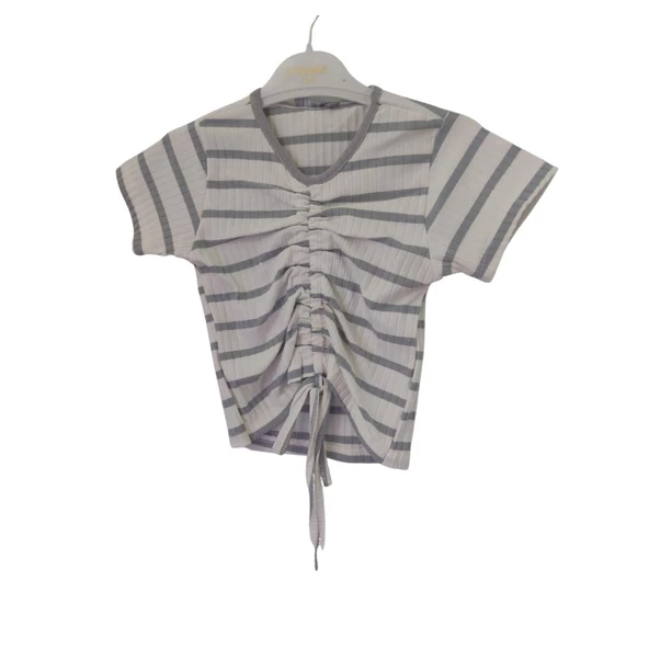 FLOWER ÇİZGİLİ BÜZGÜLÜ KIZ ÇOCUK T-SHİRT - 4