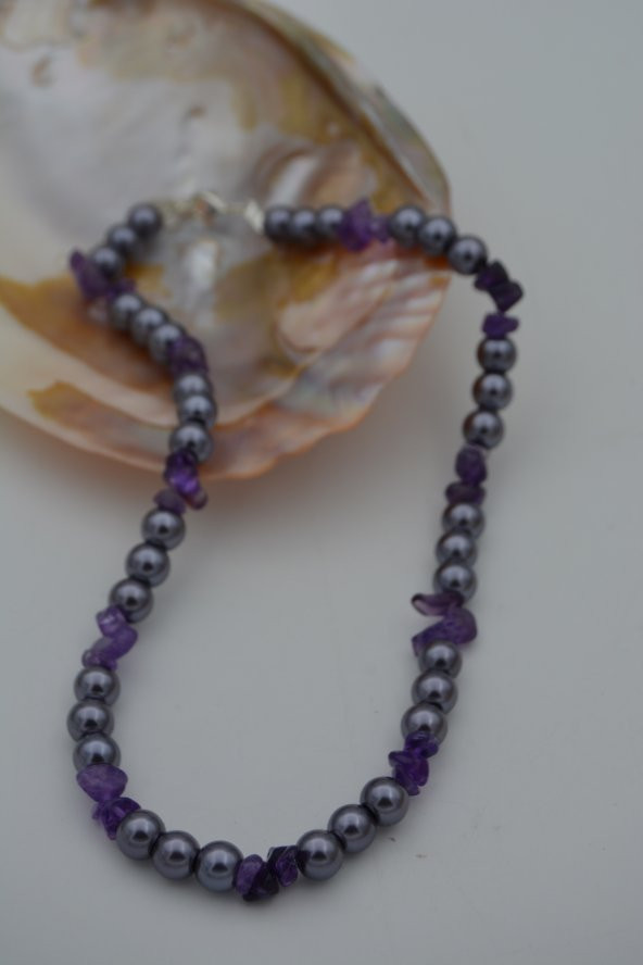 STONEAGE AMETİST VE CAM İNCİ TASARIM KOLYE ürün görseli