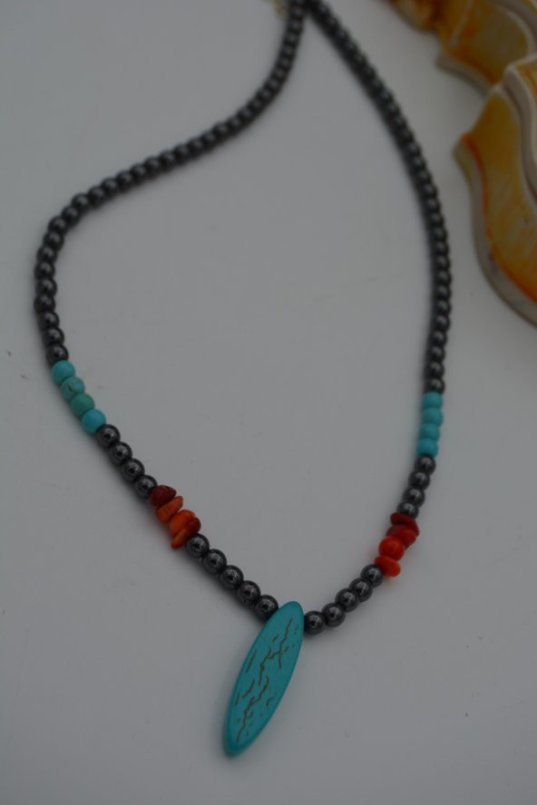 STONEAGE HEMATİT TURKUAZ VE MERCAN KOLYE - Resim 3