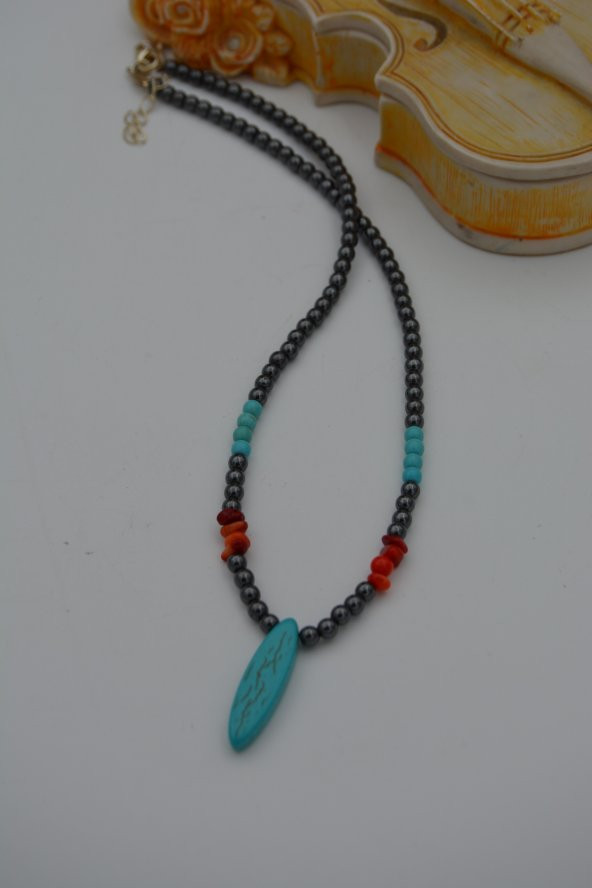 STONEAGE HEMATİT TURKUAZ VE MERCAN KOLYE - Resim 4