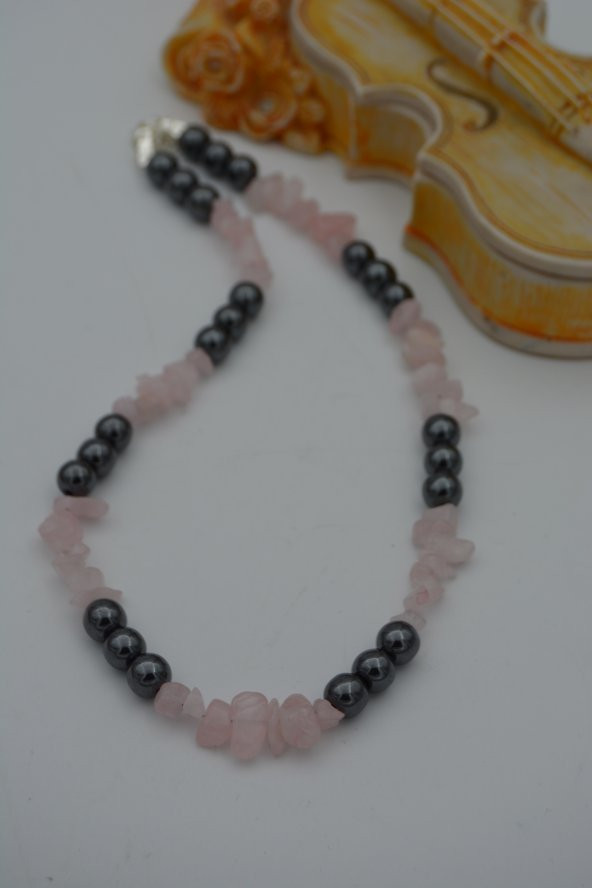 STONEAGE PEMBE KUVARS VE HEMATİT TAŞLI ŞİFA KOLYESİ - Resim 3