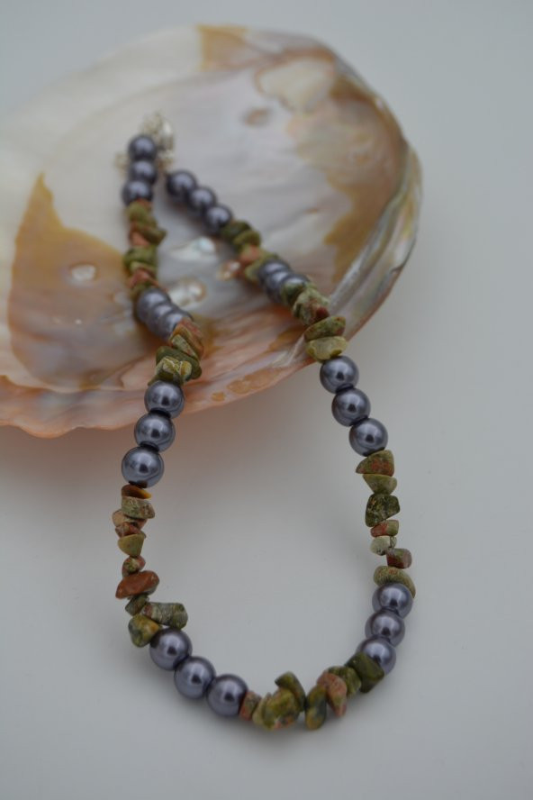 STONEAGE UNAHİT DOĞALTAŞ VE CAM İNCİ KOLYE - Resim 2