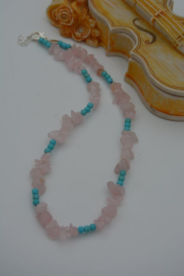 STONEAGE PEMBE KUVARS VE TURKUAZ TAŞLI KOLYE - Resim 5