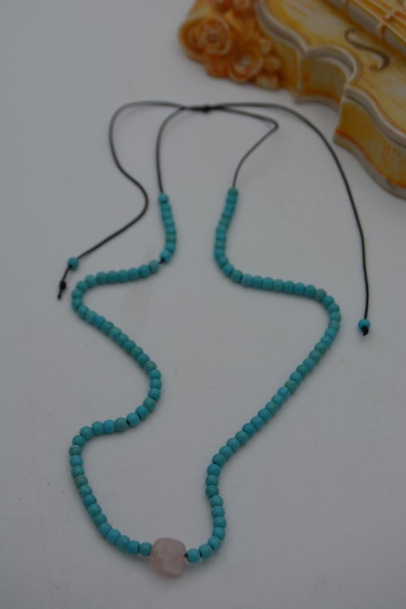 STONEAGE JEWELLERY Pembe Kuvars ve Turkuaz Taşlı Metalsiz Kolye ürün görseli