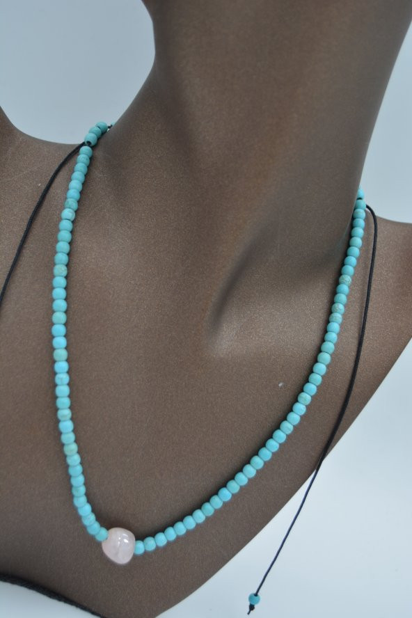 STONEAGE JEWELLERY Pembe Kuvars ve Turkuaz Taşlı Metalsiz Kolye - Resim 2