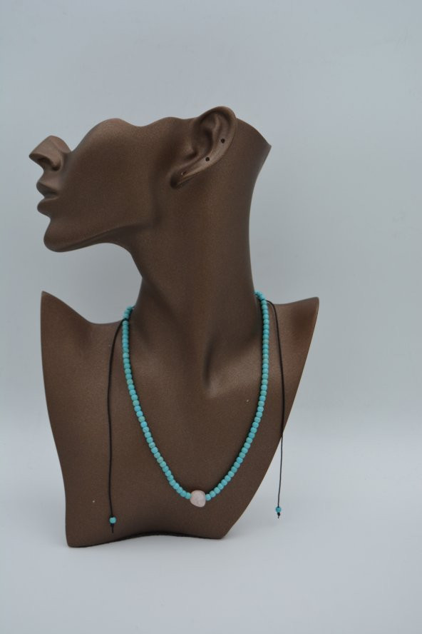 STONEAGE JEWELLERY Pembe Kuvars ve Turkuaz Taşlı Metalsiz Kolye - Resim 3