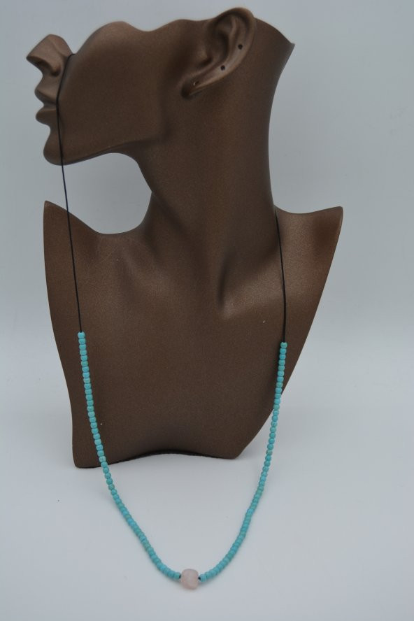 STONEAGE JEWELLERY Pembe Kuvars ve Turkuaz Taşlı Metalsiz Kolye - Resim 4