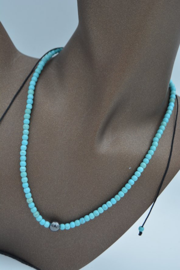 STONEAGE JEWELLERY Hematit ve Turkuaz Taşlı Metalsiz Kolye - Resim 4