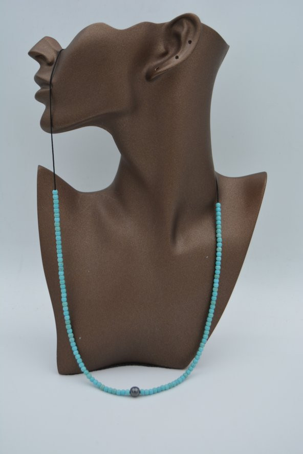 STONEAGE JEWELLERY Hematit ve Turkuaz Taşlı Metalsiz Kolye - Resim 5