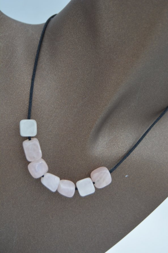 STONEAGE JEWELLERY Pembe Kuvars Taşlı Metalsiz Kolye - 3