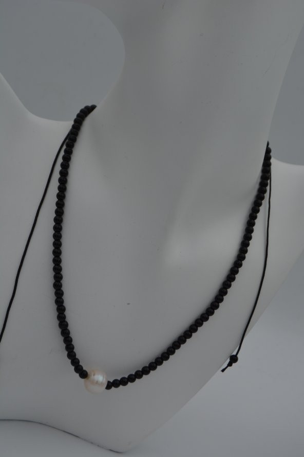 STONEAGE jEWELLERY İnci ve Oniks Taşlı Metalsiz Kolye - Resim 3