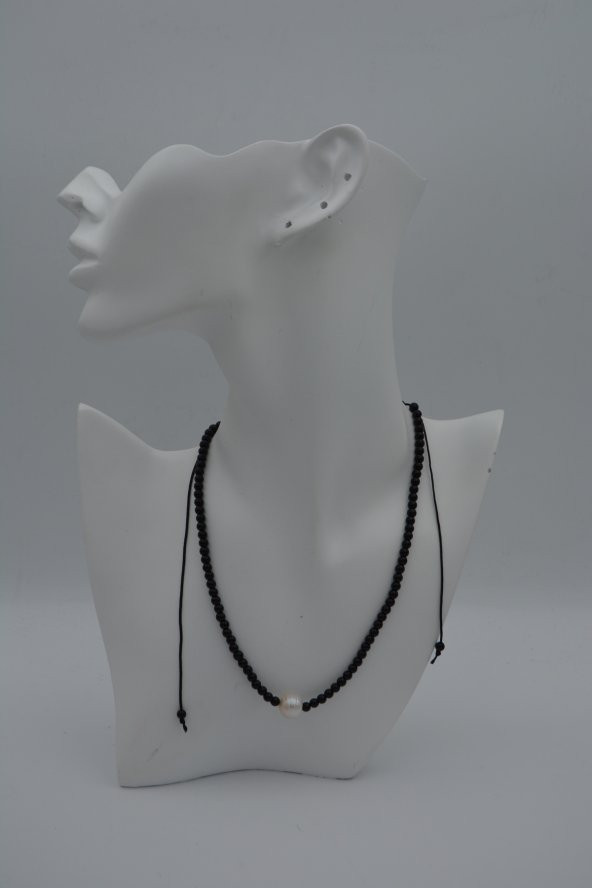 STONEAGE jEWELLERY İnci ve Oniks Taşlı Metalsiz Kolye - Resim 4