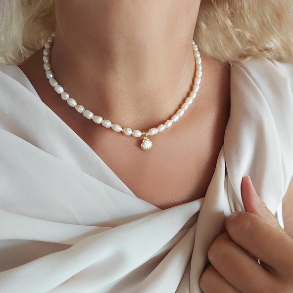 Vaoov 925 Ayar Gümüş Midye Kabuğu İnci Kolye - Resim 2