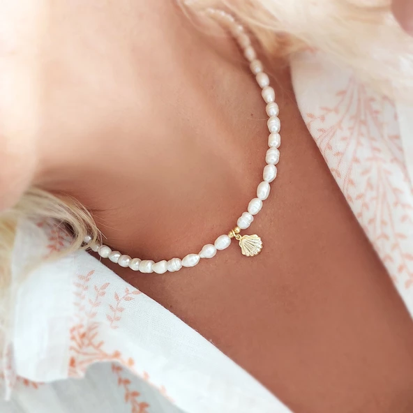 Vaoov 925 Ayar Gümüş Midye Kabuğu İnci Kolye - Resim 7