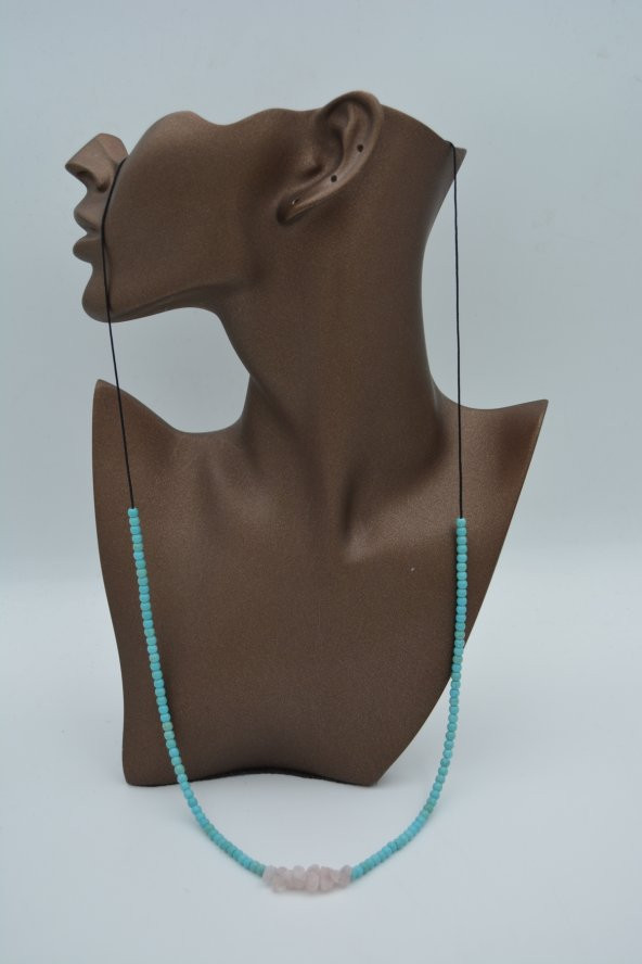 STONEAGE JEWELLERY Pembe Kuvars ve Turkuaz Taşlı Metalsiz Kolye - Resim 3