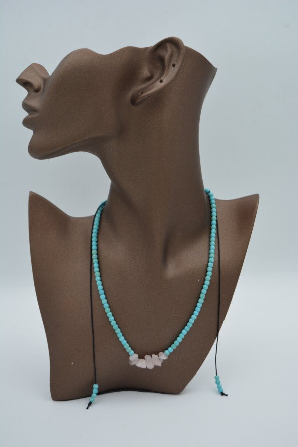 STONEAGE JEWELLERY Pembe Kuvars ve Turkuaz Taşlı Metalsiz Kolye - Resim 4