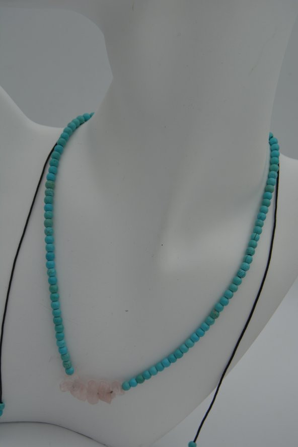 STONEAGE JEWELLERY Pembe Kuvars ve Turkuaz Taşlı Metalsiz Kolye - Resim 5