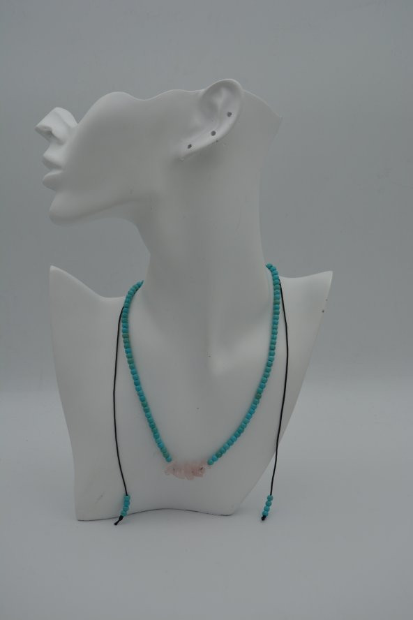 STONEAGE JEWELLERY Pembe Kuvars ve Turkuaz Taşlı Metalsiz Kolye - Resim 6