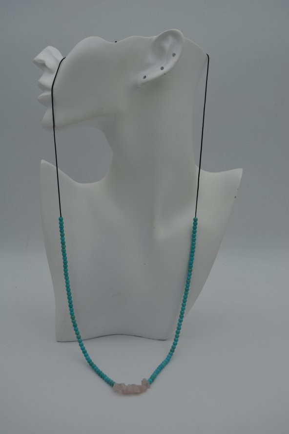 STONEAGE JEWELLERY Pembe Kuvars ve Turkuaz Taşlı Metalsiz Kolye - Resim 7