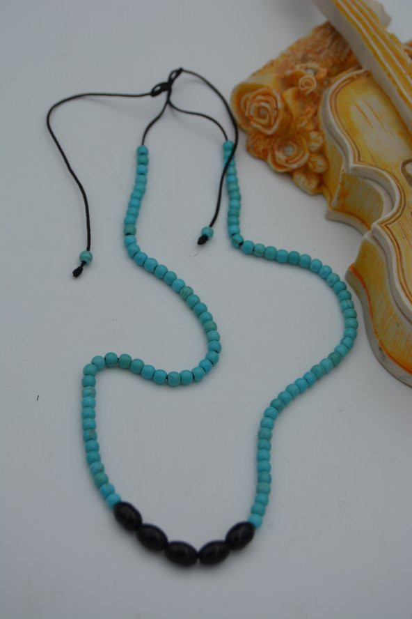 STONEAGE JEWELLERY Arpa Oniks ve turkuaz Taşlı Metalsiz Kolye - Resim 2