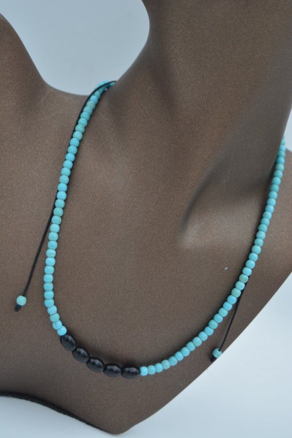 STONEAGE JEWELLERY Arpa Oniks ve turkuaz Taşlı Metalsiz Kolye - Resim 4