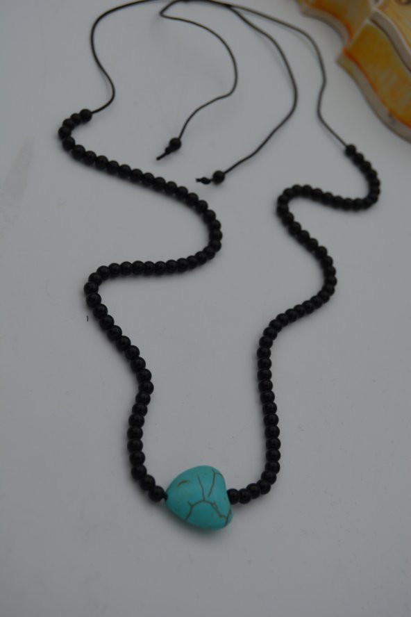 STONEAGE JEWELLERY Kalp Turkuaz ve Oniks Taşlı Metalsiz Kolye - Resim 2