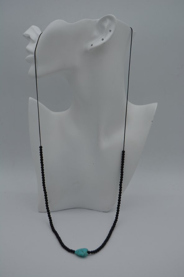 STONEAGE JEWELLERY Kalp Turkuaz ve Oniks Taşlı Metalsiz Kolye - Resim 3