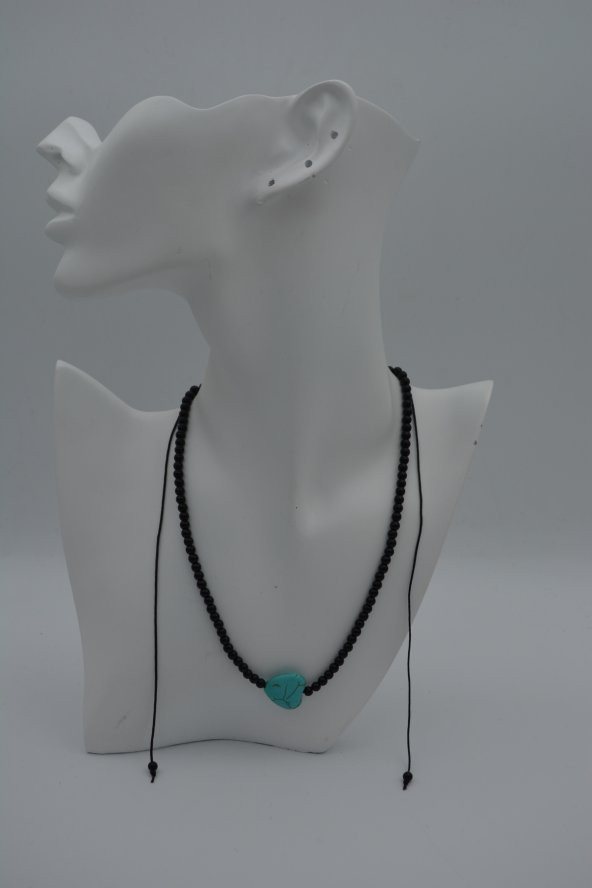 STONEAGE JEWELLERY Kalp Turkuaz ve Oniks Taşlı Metalsiz Kolye - Resim 4