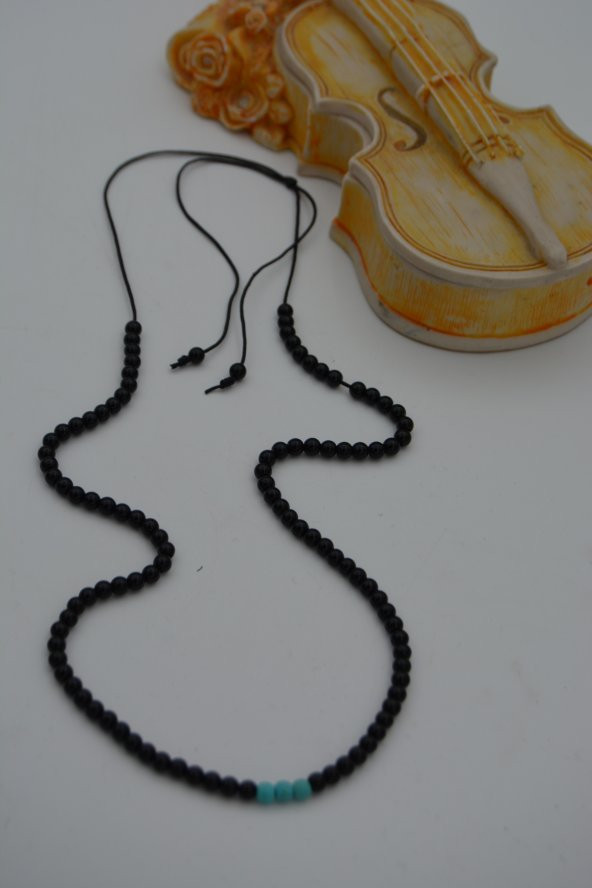 STONEAGE JEWELLERY Turkuaz ve Oniks Taşlı Metalsiz Kolye - Resim 2