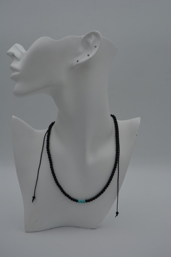 STONEAGE JEWELLERY Turkuaz ve Oniks Taşlı Metalsiz Kolye - Resim 4