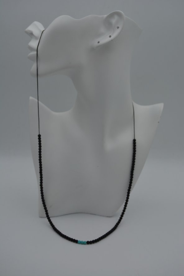 STONEAGE JEWELLERY Turkuaz ve Oniks Taşlı Metalsiz Kolye - Resim 5