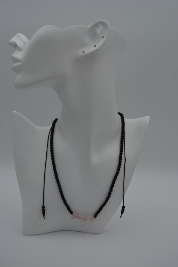 STONEAGE JEWELLERY Pembe Kuvars ve Oniks Taşlı Metalsiz Kolye - 3