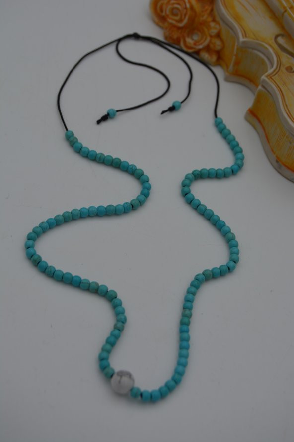 STONEAGE JEWELLERY İnci ve Turkuaz Taşlı Metalsiz Kolye - Resim 2