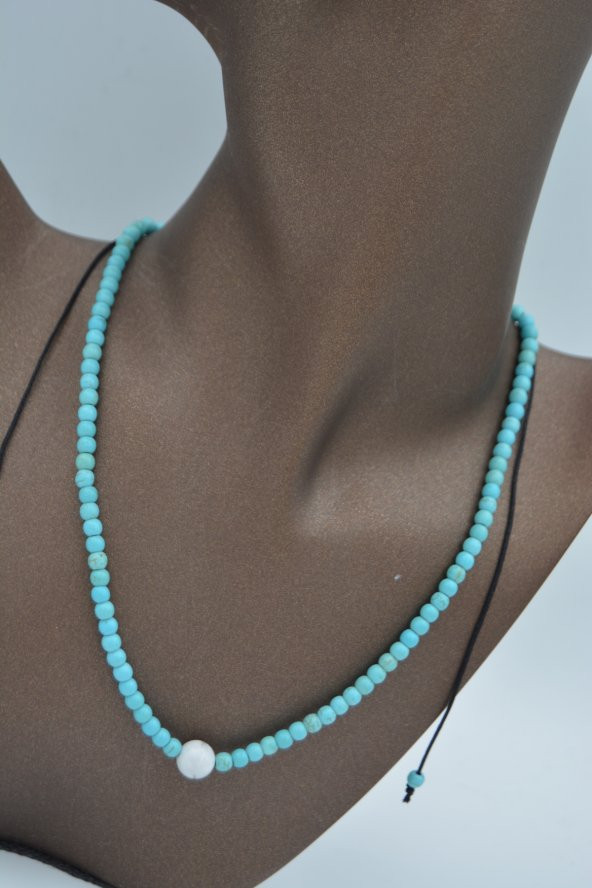 STONEAGE JEWELLERY İnci ve Turkuaz Taşlı Metalsiz Kolye - Resim 4