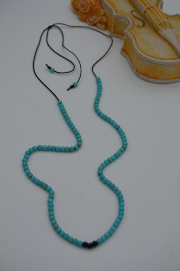 STONEAGE JEWELLERY Turkuaz ve Oniks Taşlı Metalsiz Kolye - Resim 2