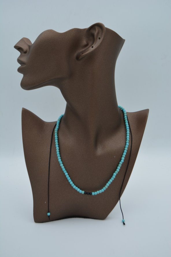 STONEAGE JEWELLERY Turkuaz ve Oniks Taşlı Metalsiz Kolye - Resim 3